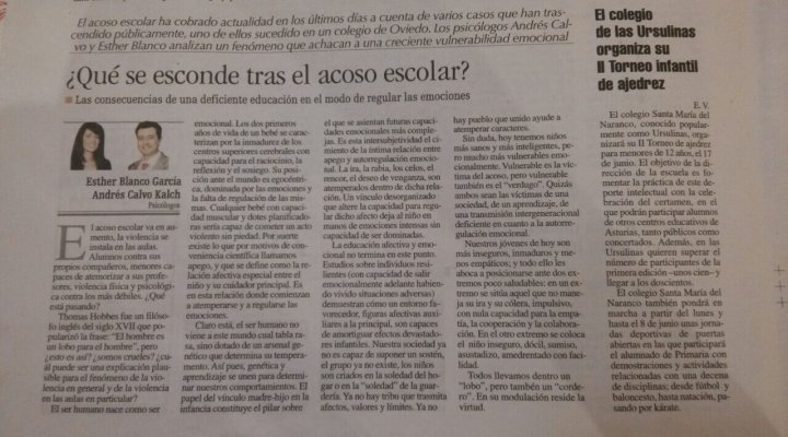 Artículo de opinión en La Nueva España. Esther Blanco y Andrés Calvo, directores de la Clínica Persum: ¿Qué se esconde tras el acoso escolar?